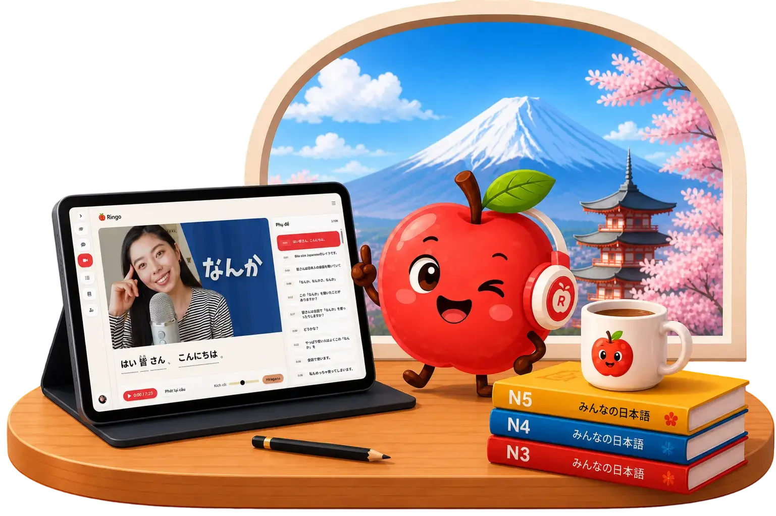 Mascot Ringo đang học tiếng Nhật